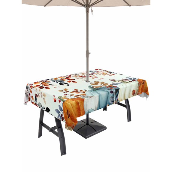 Outdoor Tablecloth with Umbrella Hole and Zipper, Orange Blue Pumpkin Fall Rectangle Table Cloth 60x84 Inch Waterproof Tablecloth, Thanksgiving Eucalyptus Leaves Picnic Table Cover for Patio Camping
