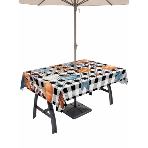 Outdoor Tablecloth with Umbrella Hole and Zipper, Orange Blue Pumpkins Fall Rectangle Table Cloth 52x70 Inch Waterproof Tablecloth, Weeping Botanical Thanksgiving Plaid Picnic Table Cover for Patio