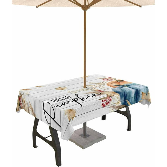 Outdoor Tablecloth with Umbrella Hole & Zipper, Orange Blue Pumpkins Fall Rectangle Tablecloth 60x84 Inch, Vintage Thanksgiving Wheat Patio Table Cover Waterproof Table Cloth for Picnic/Party