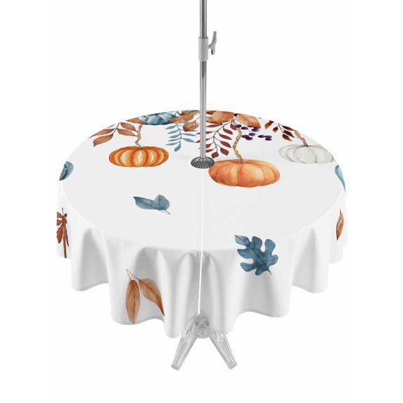 Outdoor Tablecloth with Umbrella Hole and Zipper, Orange Blue Pumpkins Fall Round Table Cloth 60 Inch Waterproof Tablecloth, Weeping Botanical Thanksgiving Picnic Table Cover for Patio Camping