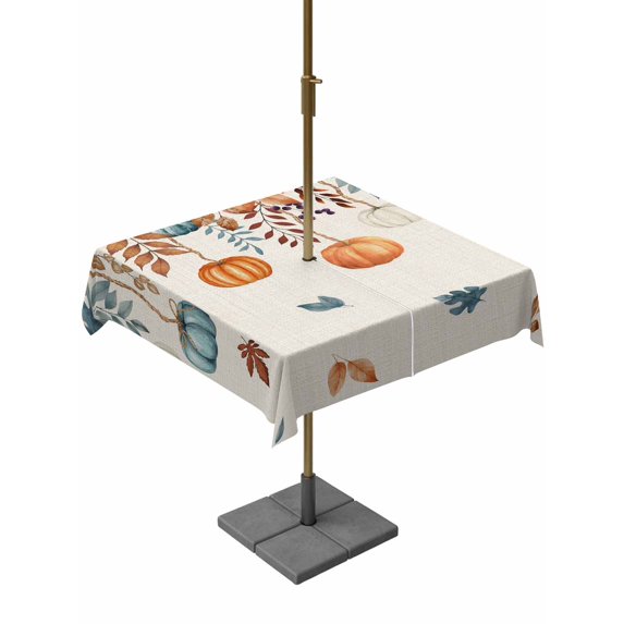 Outdoor Tablecloth with Umbrella Hole and Zipper, Orange Blue Pumpkins Fall Square Table Cloth 54x54 Inch Waterproof Tablecloth, Weeping Botanical Thanksgiving Rustic Picnic Table Cover for Patio