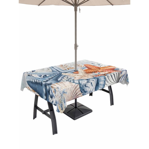 Outdoor Tablecloth with Umbrella Hole and Zipper, Orange Blue Starfish Coastal Rectangle Table Cloth 60x120 Inch Waterproof Tablecloth, Summer Beach Eucalyptus Vintage Picnic Table Cover for Patio