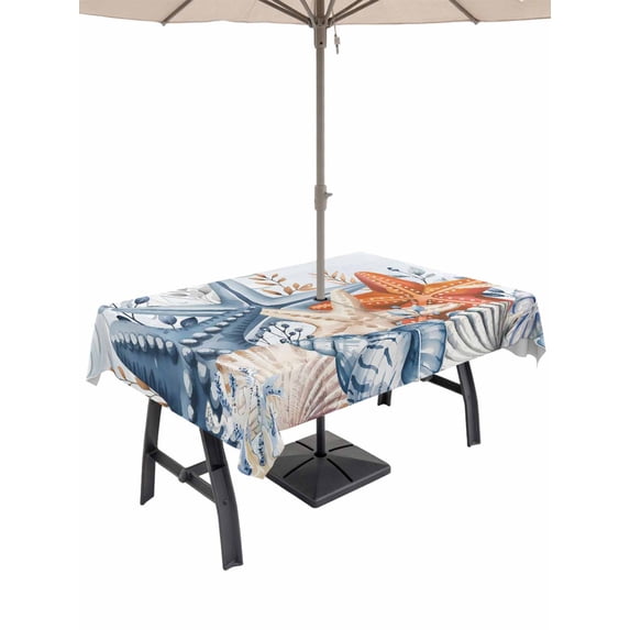 Outdoor Tablecloth with Umbrella Hole and Zipper, Orange Blue Starfish Coastal Rectangle Table Cloth 60x84 Inch Waterproof Tablecloth, Summer Beach Eucalyptus Picnic Table Cover for Patio Camping
