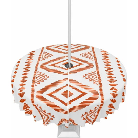 Outdoor Tablecloth with Umbrella Hole and Zipper Orange Boho Round Outdoor Tablecloths 60 Inch Waterproof Table Cloths Bohemian Style Patio Table Cloth Cover for Outdoor Tables Picnic Garden