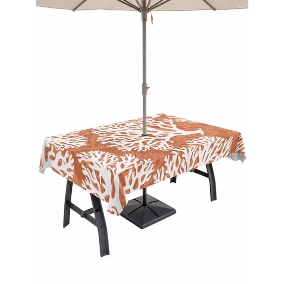 Outdoor Tablecloth with Umbrella Hole & Zipper, Orange Coastal Coral Rectangle Tablecloth 60x84 Inch, Summer Nautical Sea Beach Ocean Patio Table Cover Waterproof Table Cloth for Picnic/Party