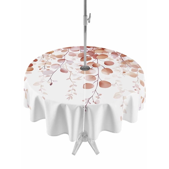 Outdoor Tablecloth with Umbrella Hole Zipper Orange Eucalyptus Round Tablecloth 54" Waterproof Outside Table Cloth Botanical Leaves Branch Spring Summer Patio Table Cover Tablecloths for Picnic Party