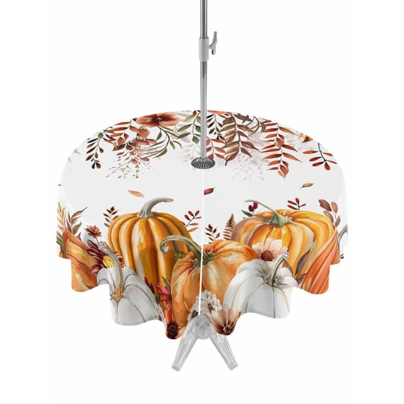 Outdoor Tablecloth with Umbrella Hole and Zipper, Orange Fall Pumpkins Round Table Cloth 54 Inch Waterproof Tablecloth, Thanksgiving Floral Maple Leaf Picnic Table Cover for Patio Camping