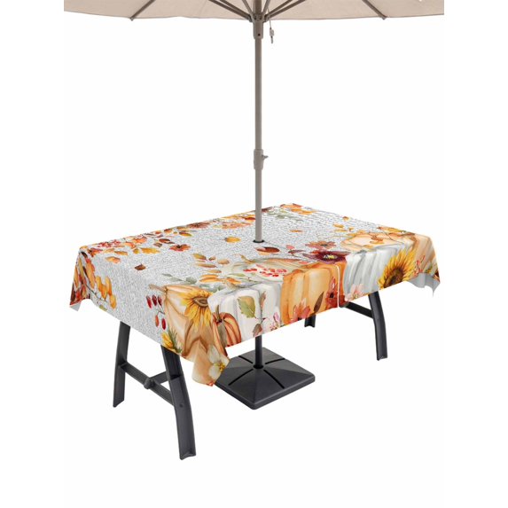 Outdoor Tablecloth with Umbrella Hole and Zipper, Orange Fall Rectangle Table Cloth 54x80 Inch Waterproof Tablecloth, Thanksgiving Pumpkins Sunflower Grey Picnic Table Cover for Patio Camping