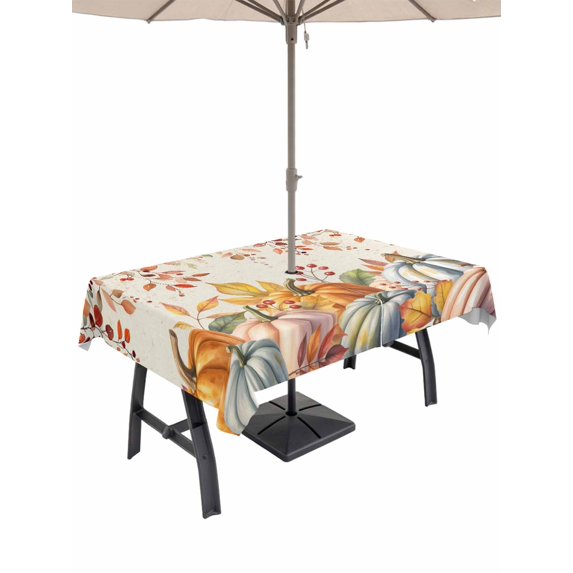 Outdoor Tablecloth with Umbrella Hole and Zipper, Orange Fall Rectangle Table Cloth 60x120 Inch Waterproof Tablecloth, Thanksgiving Pumpkins Botanical Autumn Picnic Table Cover for Patio Camping