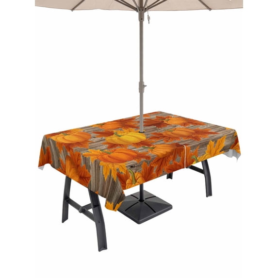 Outdoor Tablecloth with Umbrella Hole and Zipper, Orange Fall Rectangle Table Cloth 60x84 Inch Waterproof Tablecloth, Pumpkins Thanksgiving Maple Leaf Picnic Table Cover for Patio Camping
