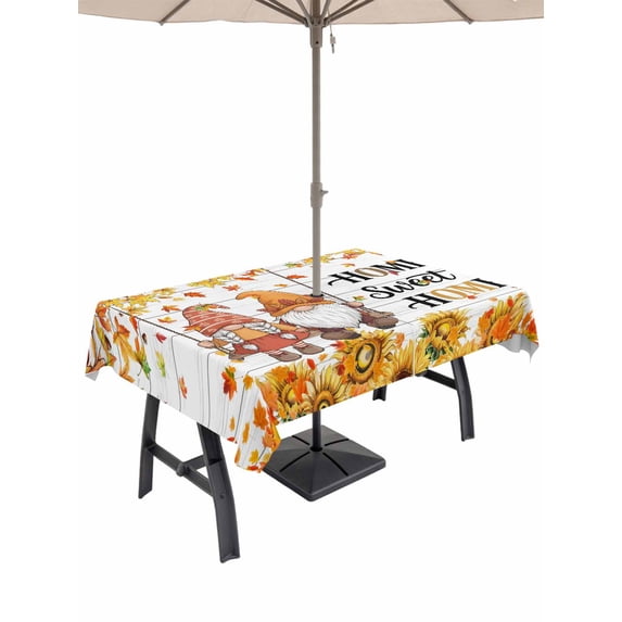 Outdoor Tablecloth with Umbrella Hole and Zipper, Orange Fall Rectangle Table Cloth 60x84 Inch Waterproof Tablecloth, Thanksgiving Gnomes Maple Leaf Sunflower Vintage Picnic Table Cover for Patio