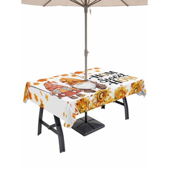 Outdoor Tablecloth with Umbrella Hole and Zipper, Orange Fall Rectangle Table Cloth 60x84 Inch Waterproof Tablecloth, Thanksgiving Gnomes Sunflower Maple Leaf Picnic Table Cover for Patio Camping