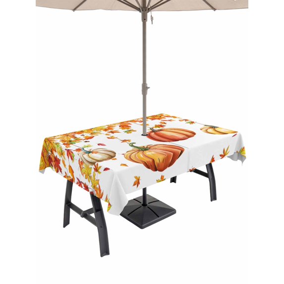 Outdoor Tablecloth with Umbrella Hole and Zipper, Orange Fall Rectangle Table Cloth 60x84 Inch Waterproof Tablecloth, Thanksgiving Pumpkins Maple Leaf Branch Picnic Table Cover for Patio Camping