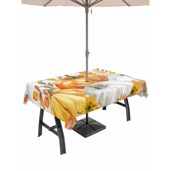 Outdoor Tablecloth with Umbrella Hole and Zipper, Orange Fall Rectangle Table Cloth 60x84 Inch Waterproof Tablecloth, Thanksgiving Pumpkins Weeping Maple Leaf Vintage Picnic Table Cover for Patio