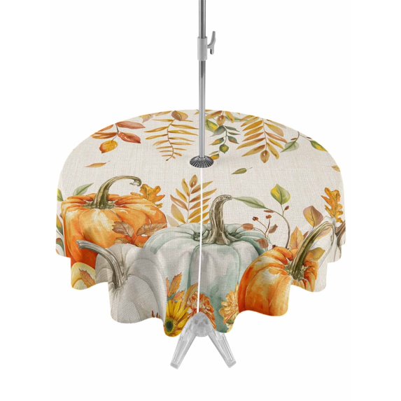 Outdoor Tablecloth with Umbrella Hole and Zipper, Orange Fall Round Table Cloth 54 Inch Waterproof Tablecloth, Thanksgiving Pumpkins Weeping Maple Leaf Picnic Table Cover for Patio Camping