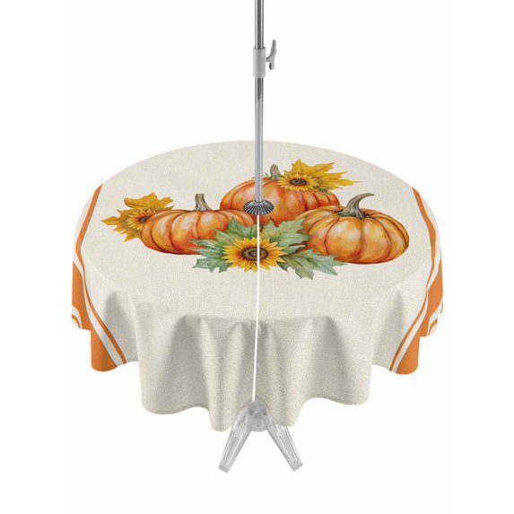 Outdoor Tablecloth with Umbrella Hole and Zipper, Orange Fall Round Table Cloth 54 Inch Waterproof Tablecloth, Thanksgiving Sunflower Pumpkin Stripe Picnic Table Cover for Patio Camping
