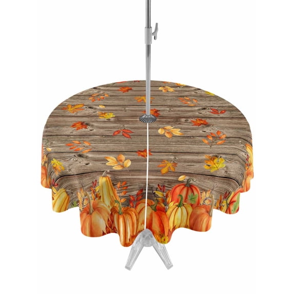 Outdoor Tablecloth with Umbrella Hole and Zipper, Orange Fall Round Table Cloth 60 Inch Waterproof Tablecloth, Retro Maple Leaf Pumpkins Thanksgiving Picnic Table Cover for Patio Camping