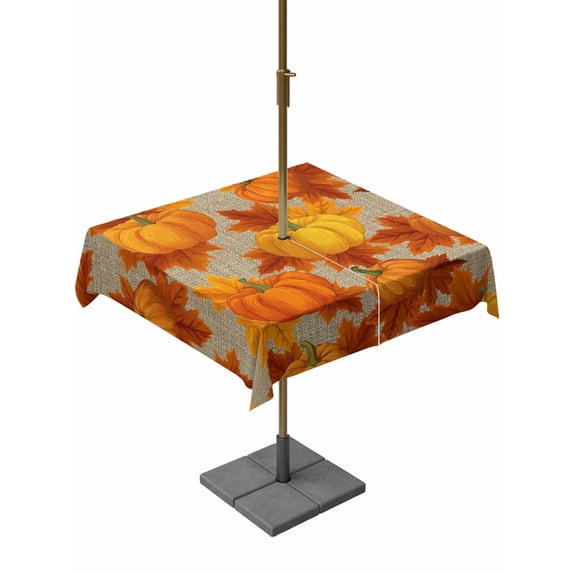 Outdoor Tablecloth with Umbrella Hole and Zipper, Orange Fall Square Table Cloth 60x60 Inch Waterproof Tablecloth, Pumpkins Thanksgiving Maple Leaf Rustic Picnic Table Cover for Patio Camping