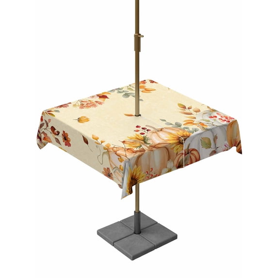 Outdoor Tablecloth with Umbrella Hole and Zipper, Orange Fall Square Table Cloth 60x60 Inch Waterproof Tablecloth, Thanksgiving Pumpkins Sunflower Yellow Picnic Table Cover for Patio Camping