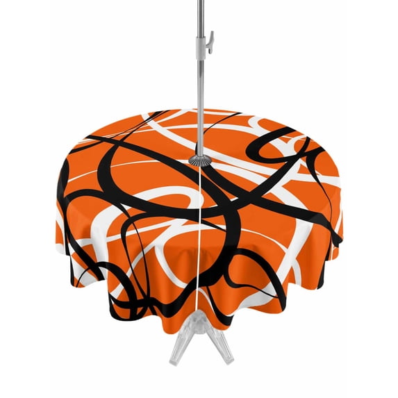Outdoor Tablecloth with Umbrella Hole and Zipper, Orange Geometric Round Table Cloth 54 Inch Waterproof Tablecloth, Black White Striped Abstract Lines Art Picnic Table Cover for Patio Camping