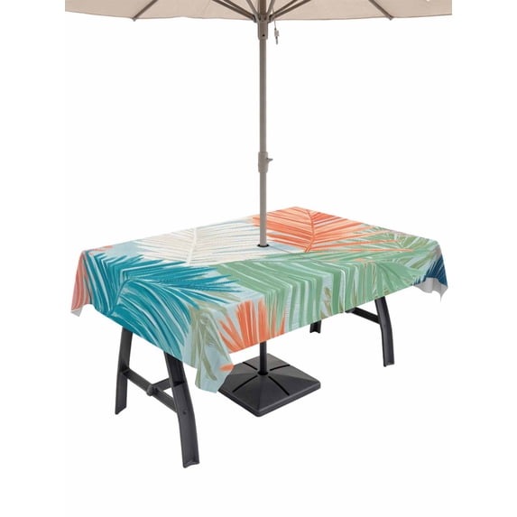 Outdoor Tablecloth with Umbrella Hole & Zipper, Orange Green Blue Palm Leaves Rectangle Tablecloth 52x70 Inch, Summer Tropical Botanical Patio Table Cover Waterproof Table Cloth for Picnic/Party