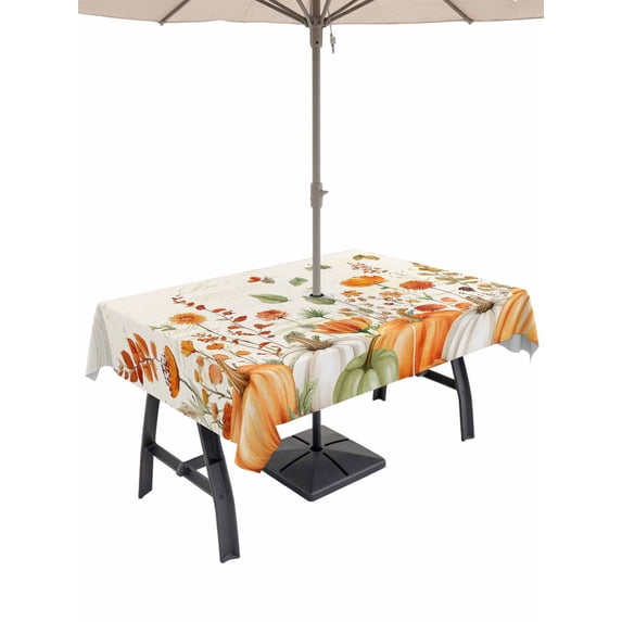 Outdoor Tablecloth with Umbrella Hole and Zipper, Orange Green Fall Rectangle Table Cloth 52x70 Inch Waterproof Tablecloth, Pumpkins Maple Leaf Thanksgiving Picnic Table Cover for Patio Camping