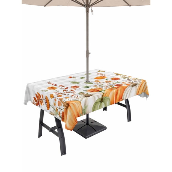 Outdoor Tablecloth with Umbrella Hole and Zipper, Orange Green Fall Rectangle Table Cloth 54x80 Inch Waterproof Tablecloth, Pumpkins Botanical Thanksgiving Grey Plaid Picnic Table Cover for Patio