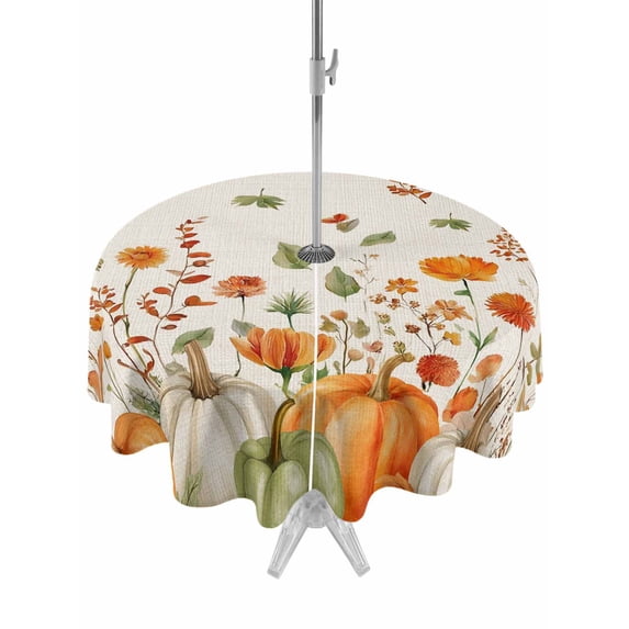 Outdoor Tablecloth with Umbrella Hole and Zipper, Orange Green Fall Round Table Cloth 54 Inch Waterproof Tablecloth, Pumpkins Botanical Thanksgiving Rustic Picnic Table Cover for Patio Camping