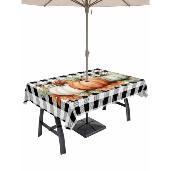 Outdoor Tablecloth with Umbrella Hole and Zipper, Orange Green Grey Fall Rectangle Table Cloth 54x80 Inch Waterproof Tablecloth, Botanical Thanksgiving Pumpkins Plaid Picnic Table Cover for Patio