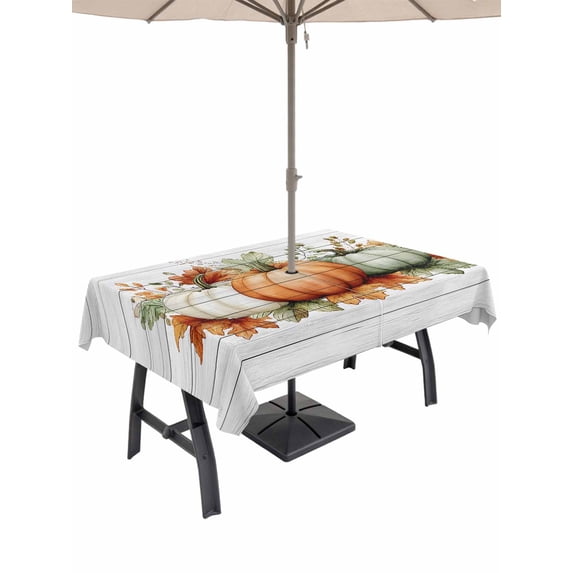 Outdoor Tablecloth with Umbrella Hole and Zipper, Orange Green Grey Fall Rectangle Table Cloth 60x120 Inch Waterproof Tablecloth, Botanical Thanksgiving Pumpkins Vintage Picnic Table Cover for Patio