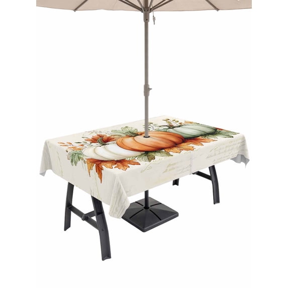 Outdoor Tablecloth with Umbrella Hole and Zipper, Orange Green Grey Fall Rectangle Table Cloth 60x120 Inch Waterproof Tablecloth, Botanical Thanksgiving Pumpkins Picnic Table Cover for Patio Camping