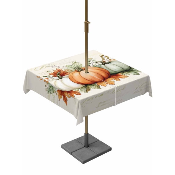Outdoor Tablecloth with Umbrella Hole and Zipper, Orange Green Grey Fall Square Table Cloth 60x60 Inch Waterproof Tablecloth, Botanical Thanksgiving Pumpkins Picnic Table Cover for Patio Camping