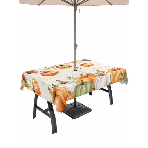 Outdoor Tablecloth with Umbrella Hole and Zipper, Orange Green Pumpkins Fall Rectangle Table Cloth 52x70 Inch Waterproof Tablecloth, Thanksgiving Botanical Picnic Table Cover for Patio Camping