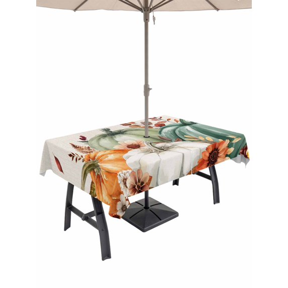 Outdoor Tablecloth with Umbrella Hole and Zipper, Orange Green Pumpkins Fall Rectangle Table Cloth 52x70 Inch Waterproof Tablecloth, Thanksgiving Floral Botanical Rustic Picnic Table Cover for Patio