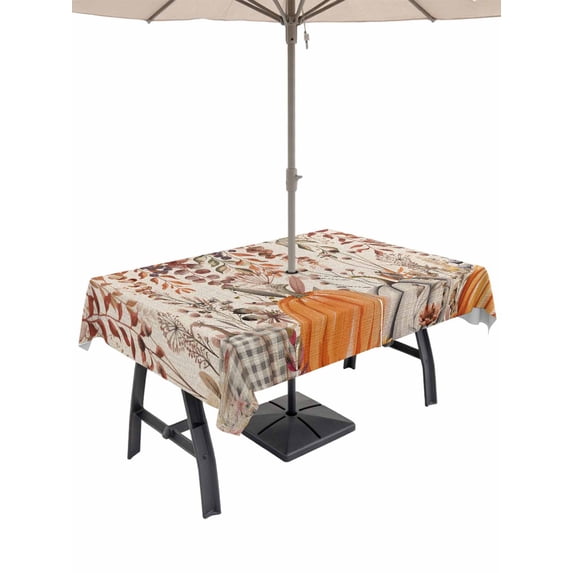 Outdoor Tablecloth with Umbrella Hole and Zipper, Orange Grey Fall Rectangle Table Cloth 60x84 Inch Waterproof Tablecloth, Thanksgiving Botanical Farmhouse Rustic Picnic Table Cover for Patio Camping
