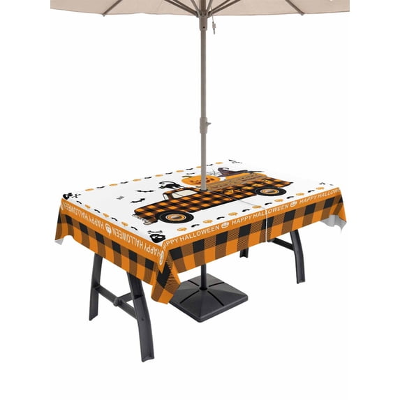 Outdoor Tablecloth with Umbrella Hole and Zipper, Orange Halloween Rectangle Table Cloth 60x120 Inch Waterproof Tablecloth, Spooky Pumpkins Truck Black Cat Picnic Table Cover for Patio Camping