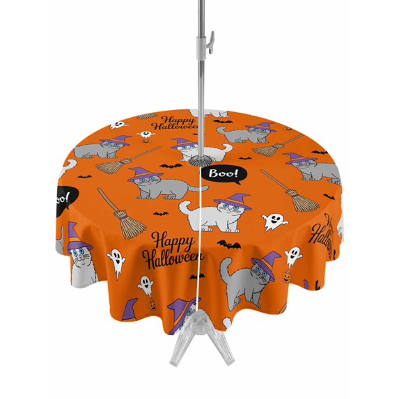 Outdoor Tablecloth with Umbrella Hole and Zipper, Orange Halloween Round Table Cloth 60 Inch Waterproof Tablecloth, Cat Bat Ghost Pumpkins Picnic Table Cover for Patio Camping