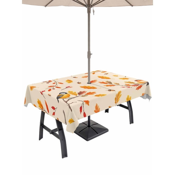 Outdoor Tablecloth with Umbrella Hole and Zipper, Orange Leaves Fall Rectangle Table Cloth 60x84 Inch Waterproof Tablecloth, Birds Branches Pine Cones Picnic Table Cover for Patio Camping
