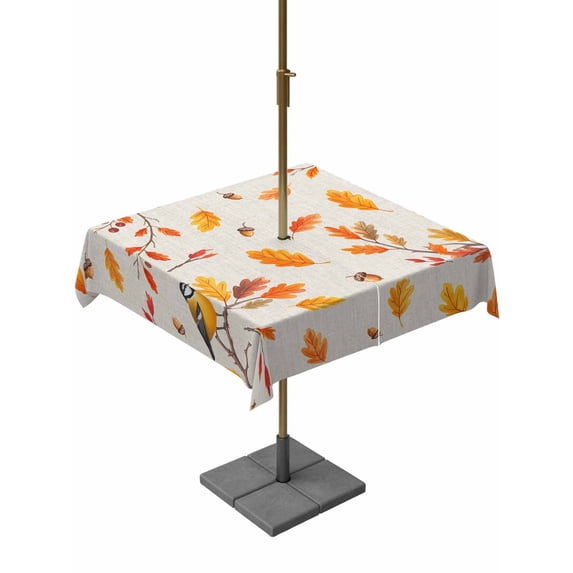 Outdoor Tablecloth with Umbrella Hole and Zipper, Orange Leaves Fall Square Table Cloth 54x54 Inch Waterproof Tablecloth, Branches Birds Pine Cones Rustic Picnic Table Cover for Patio Camping