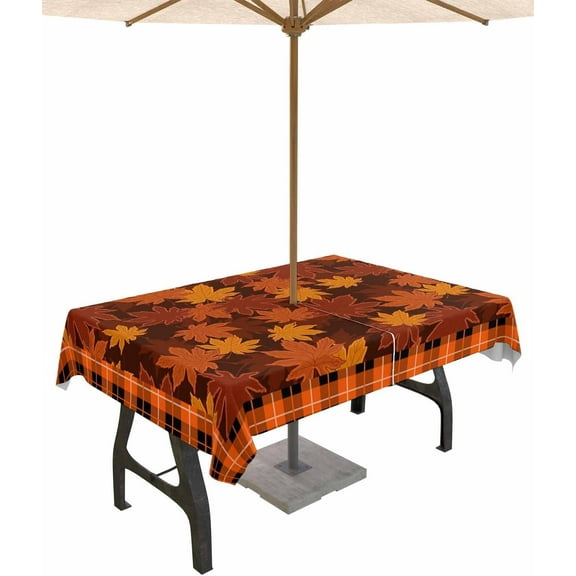 Outdoor Tablecloth with Umbrella Hole & Zipper, Orange Maple Leaves Fall Rectangle Tablecloth 60x84 Inch, Thanksgiving Orange Buffalo Plaid Patio Table Cover Waterproof Table Cloth for Picnic