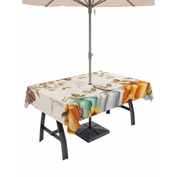 Outdoor Tablecloth with Umbrella Hole and Zipper, Orange Pumpkin Fall Rectangle Table Cloth 60x120 Inch Waterproof Tablecloth, Thanksgiving Botanical Sunflower Rustic Picnic Table Cover for Patio