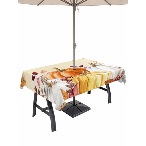 Outdoor Tablecloth with Umbrella Hole and Zipper, Orange Pumpkin Fall Rectangle Table Cloth 60x120 Inch Waterproof Tablecloth, Thanksgiving Eucalyptus Leaves Picnic Table Cover for Patio Camping
