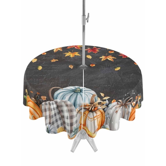Outdoor Tablecloth with Umbrella Hole and Zipper, Orange Pumpkin Fall Round Table Cloth 60 Inch Waterproof Tablecloth, Sunflower Thanksgiving Botanical Leaves Picnic Table Cover for Patio Camping