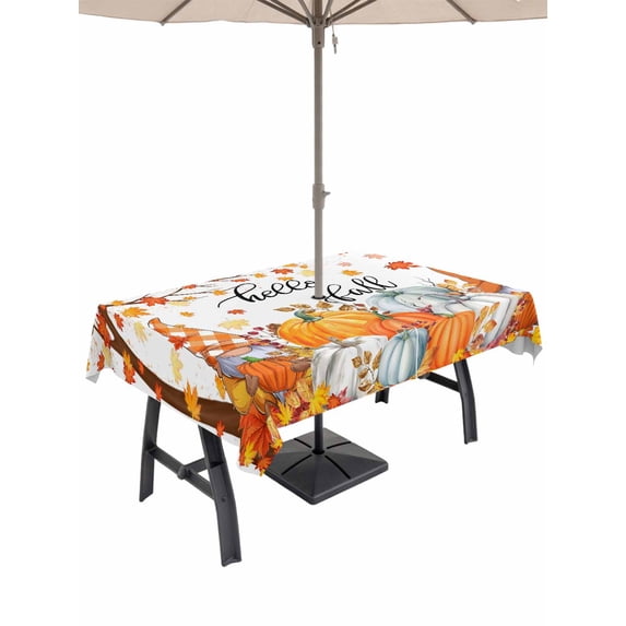 Outdoor Tablecloth with Umbrella Hole and Zipper, Orange Pumpkin Gnomes Fall Rectangle Table Cloth 52x70 Inch Waterproof Tablecloth, Branches Maple Leaf Thanksgiving Picnic Table Cover for Patio