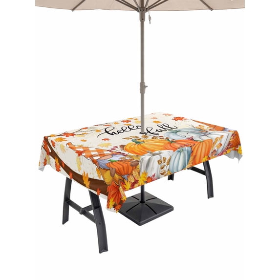 Outdoor Tablecloth with Umbrella Hole and Zipper, Orange Pumpkin Gnomes Fall Rectangle Table Cloth 54x80 Inch Waterproof Tablecloth, Branches Leaves Thanksgiving Botanical Picnic Table Cover