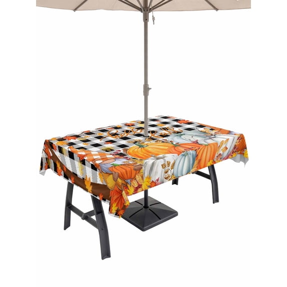 Outdoor Tablecloth with Umbrella Hole and Zipper, Orange Pumpkin Gnomes Fall Rectangle Table Cloth 60x84 Inch Waterproof Tablecloth, Thanksgiving Leaf Black White Plaid Branches Picnic Table Cover