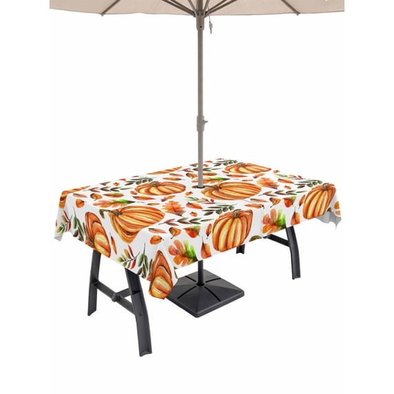 Outdoor Tablecloth with Umbrella Hole and Zipper, Orange Pumpkin Rectangle Table Cloth 52x70 Inch Waterproof Tablecloth, Thanksgiving Fall Leaves Autumn Farm Picnic Table Cover for Patio Camping
