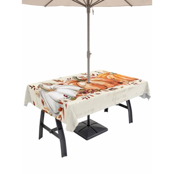 Outdoor Tablecloth with Umbrella Hole and Zipper, Orange Pumpkin Rectangle Table Cloth 60x102 Inch Waterproof Tablecloth, Thanksgiving Fall Leaves Floral Beige Picnic Table Cover for Patio Camping