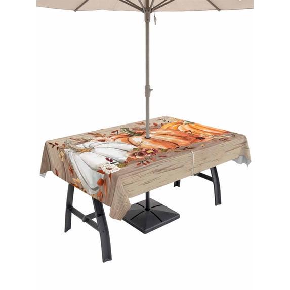 Outdoor Tablecloth with Umbrella Hole and Zipper, Orange Pumpkin Rectangle Table Cloth 60x84 Inch Waterproof Tablecloth, Thanksgiving Fall Leaves Botanical Wood Picnic Table Cover for Patio Camping