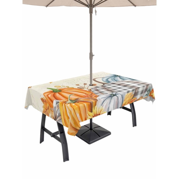 Outdoor Tablecloth with Umbrella Hole and Zipper, Orange Pumpkins Fall Rectangle Table Cloth 60x102 Inch Waterproof Tablecloth, Thanksgiving Maple Leaf Rustic Picnic Table Cover for Patio Camping